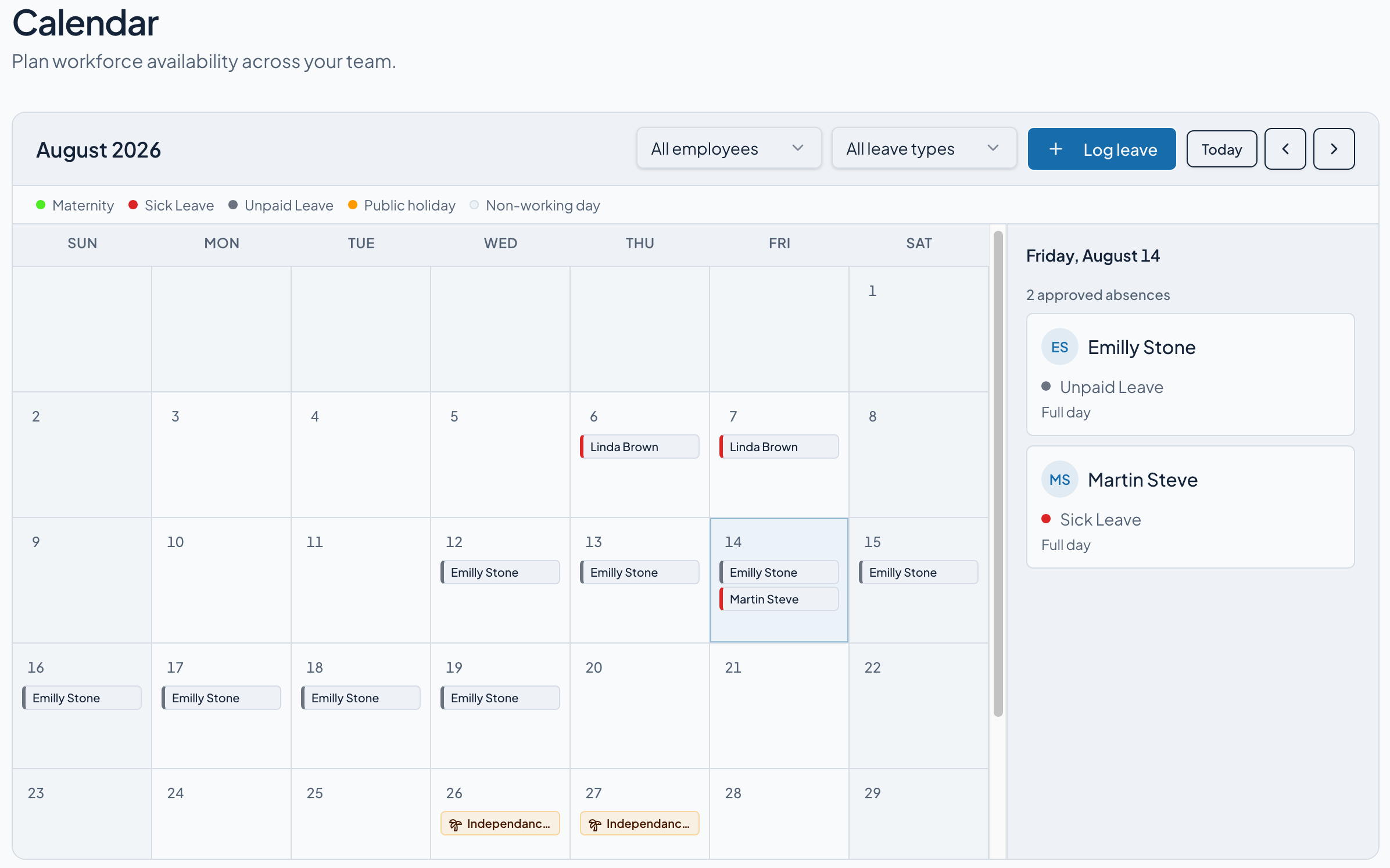 PeopleEvo shared team leave calendar showing absence types, scheduled leave, and daily absence details
